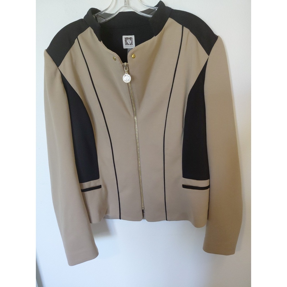 Anne Klein Tan Black Colorblock Zipper Full Zip Short Jacket Women's L Work Wear